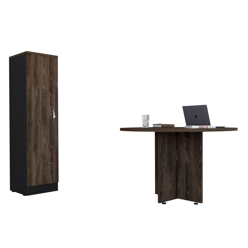 Mesa Redonda M-120 + Biblioteca Home Office Color Negro Soft y Coñac Para Oficina